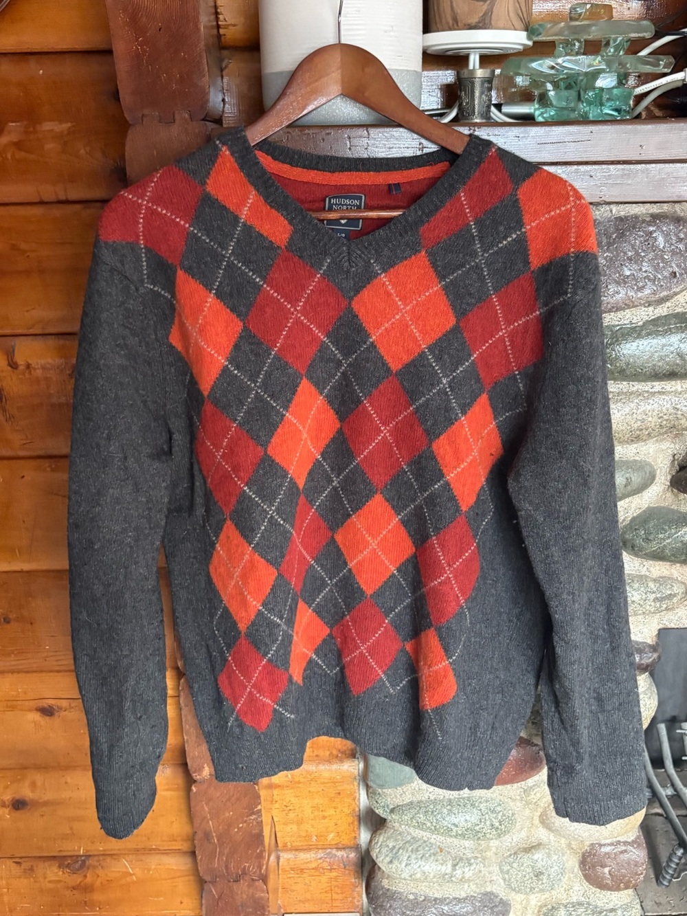 Hudson North Lambswool Argyle Men’s V-Neck Sweater Large Preppy